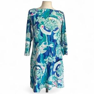 Lilly Pulitzer Gold Button Knee Length Vibrant Long Sleeve Patterned Dress sz S